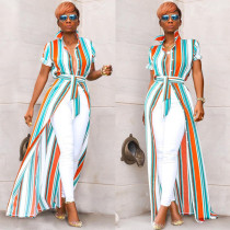 Colorful Stripe Short Sleeve Long Shirt Dress ASL-6138