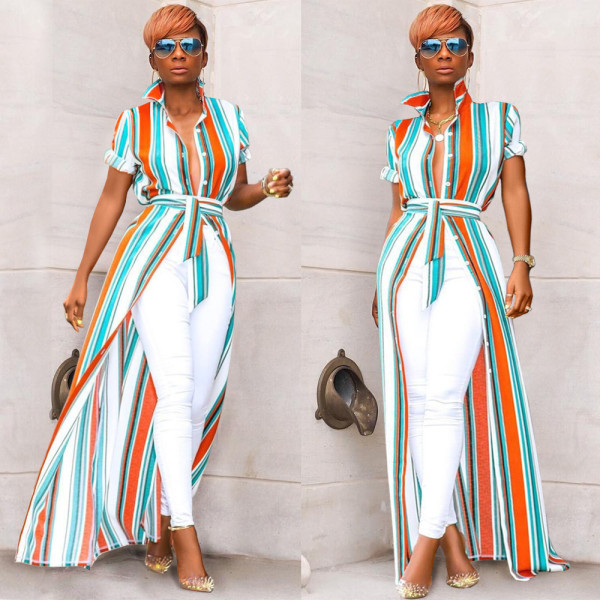 Colorful Stripe Short Sleeve Long Shirt Dress ASL-6138