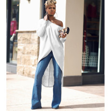 Solid Oblique Collar High Low Irregular Tops ASL-6196