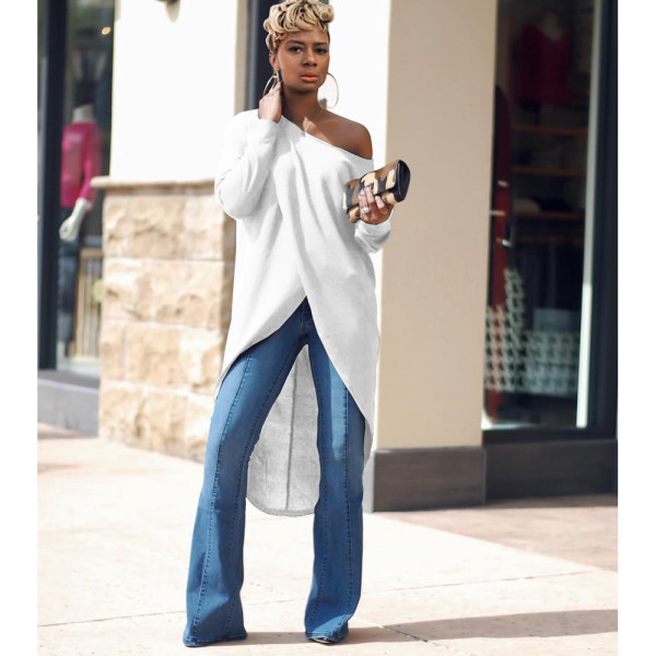 Solid Oblique Collar High Low Irregular Tops ASL-6196