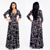 Plus Size Floral Print V Neck Long Maxi Dress NK-8193