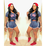 Plus Size Striped Baseball Two Piece Shorts Set ASL-6025