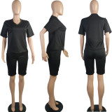 Casual Solid V Neck Two Piece Shorts Set TK-6065