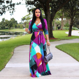 Plus Size Floral Print V Neck Long Maxi Dress NK-8193