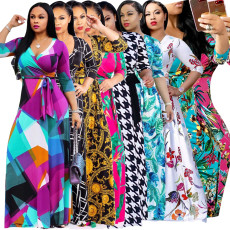 Plus Size Floral Print V Neck Long Maxi Dress NK-8193