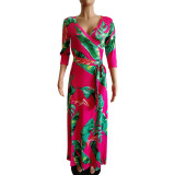 Plus Size Floral Print V Neck Long Maxi Dress NK-8193