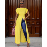 Solid Short Sleeve High Split Maxi Dress ASL-6119