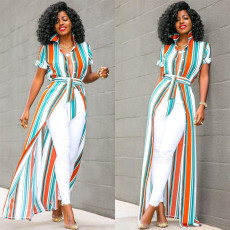 Colorful Stripe Short Sleeve Long Shirt Dress ASL-6138
