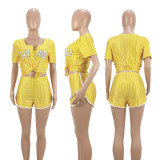 Plus Size Striped Baseball Two Piece Shorts Set ASL-6025
