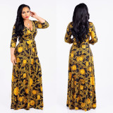 Plus Size Floral Print V Neck Long Maxi Dress NK-8193