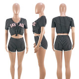 Plus Size Striped Baseball Two Piece Shorts Set ASL-6025