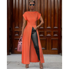 Solid Short Sleeve High Split Maxi Dress ASL-6119