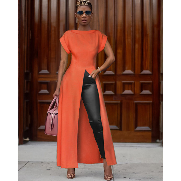 Solid Short Sleeve High Split Maxi Dress ASL-6119