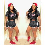 Plus Size Striped Baseball Two Piece Shorts Set ASL-6025