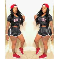 Plus Size Striped Baseball Two Piece Shorts Set ASL-6025