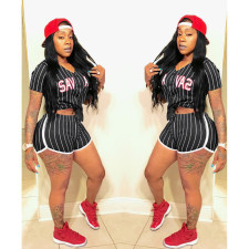 Plus Size Striped Baseball Two Piece Shorts Set ASL-6025
