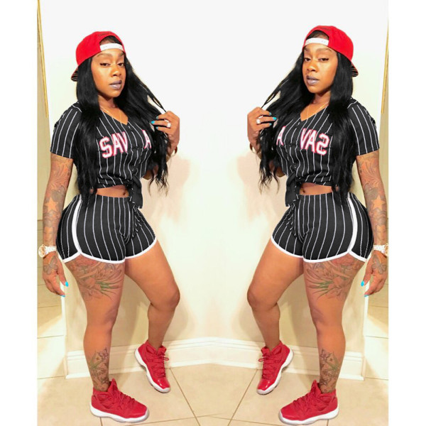 Plus Size Striped Baseball Two Piece Shorts Set ASL-6025