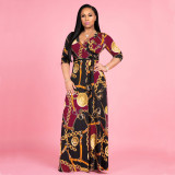 Plus Size Floral Print V Neck Long Maxi Dress NK-8193