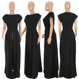 Solid Short Sleeve High Split Maxi Dress ASL-6119