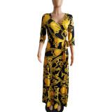 Plus Size Floral Print V Neck Long Maxi Dress NK-8193