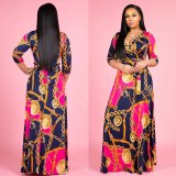 Plus Size Floral Print V Neck Long Maxi Dress NK-8193