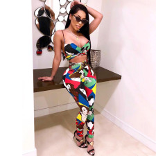  Plus Size Sexy Fashion Print Sling Stitching Two-piece Suit SMR-9579