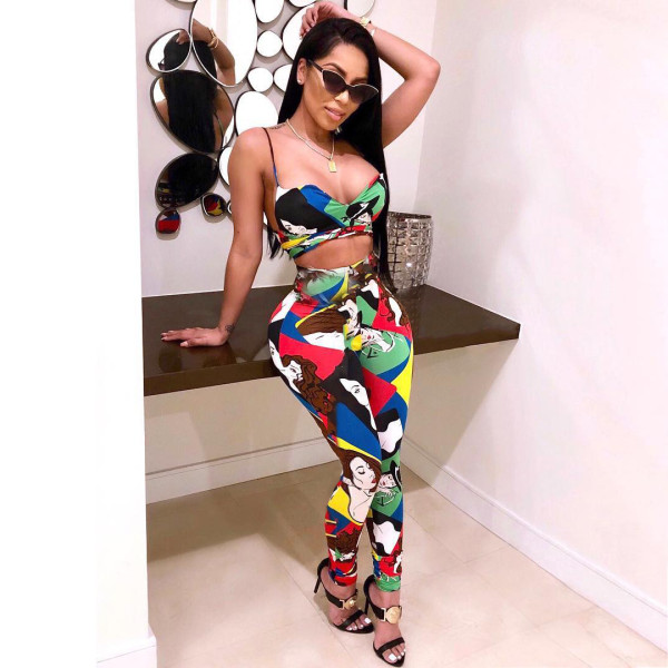  Plus Size Sexy Fashion Print Sling Stitching Two-piece Suit SMR-9579