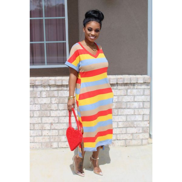 Rainbow Stripe V Neck Casual Loose T Shirt Dress SFY-111