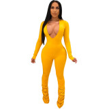 Solid Deep V Neck Long Sleeve Bodycon Jumpsuit SFY-001
