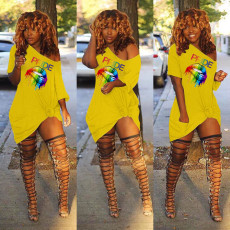 Plus Size Lips Print Oblique Collar T Shirt Dress FNN-8283