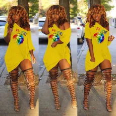 Plus Size Lips Print Oblique Collar T Shirt Dress FNN-8283