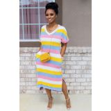 Rainbow Stripe V Neck Casual Loose T Shirt Dress SFY-111