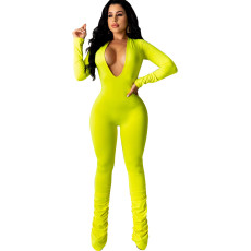Solid Deep V Neck Long Sleeve Bodycon Jumpsuit SFY-001