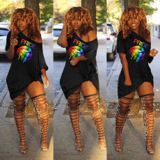Plus Size Lips Print Oblique Collar T Shirt Dress FNN-8283