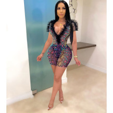 Sexy Snake Skin Print Bodysuit+Shorts 2 Piece Sets LM-8131