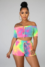 Tie Dye Print Slash Neck Two Piece Shorts Set WSM-5129
