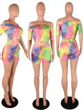 Tie Dye Print Slash Neck Two Piece Shorts Set WSM-5129