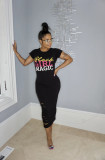 Hot Drilling Letter Short Sleeve Long Dress WSM-5128
