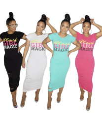 Hot Drilling Letter Short Sleeve Long Dress WSM-5128