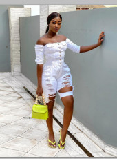 Plus Size Denim Ripped Hole Slash Neck Jeans Playsuit MOF-5138