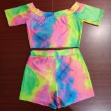Tie Dye Print Slash Neck Two Piece Shorts Set WSM-5129