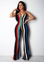 Colorful Stripe V Neck Strapless Tube Jumpsuits SFY-009-1