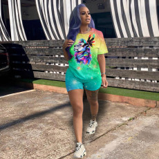 Plus Size Casual Printed Tees And Shorts 2 Piece Sets YH-5073-1