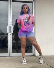 Plus Size Casual Printed Tees And Shorts 2 Piece Sets YH-5073-1