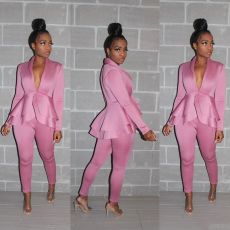 Solid V Neck Peplum Top And Pants 2 Piece Sets SFY-056