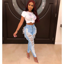 Broken Hole High Waist Denim Jeans HSF-2080