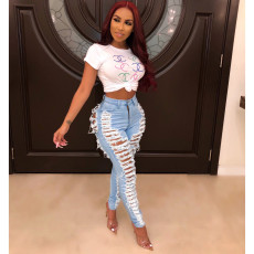 Broken Hole High Waist Denim Jeans HSF-2080