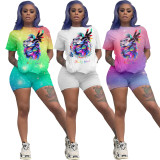 Plus Size Casual Printed Tees And Shorts 2 Piece Sets YH-5073-1