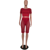 Sexy Grid Hollow 3pcs Crop Top+Underpants+Shorts Set MEM-8104