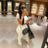Solid Short Sleeve Ruched Pants Two Piece Sets TE-4001